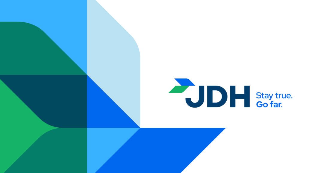 JDH brand graphics with logo and tagline