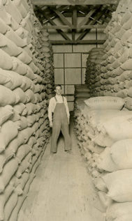 Old photo of worker in Delano warehouse surrounded by feed bags