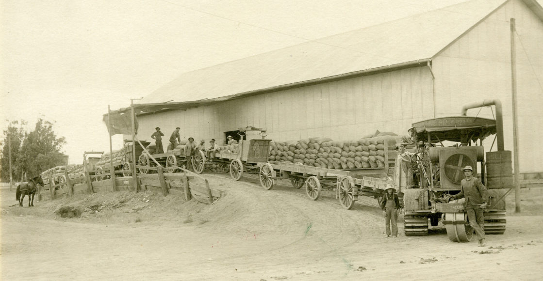 Trucks and wagons in front of warehouse in Delano, CA in early 1900's