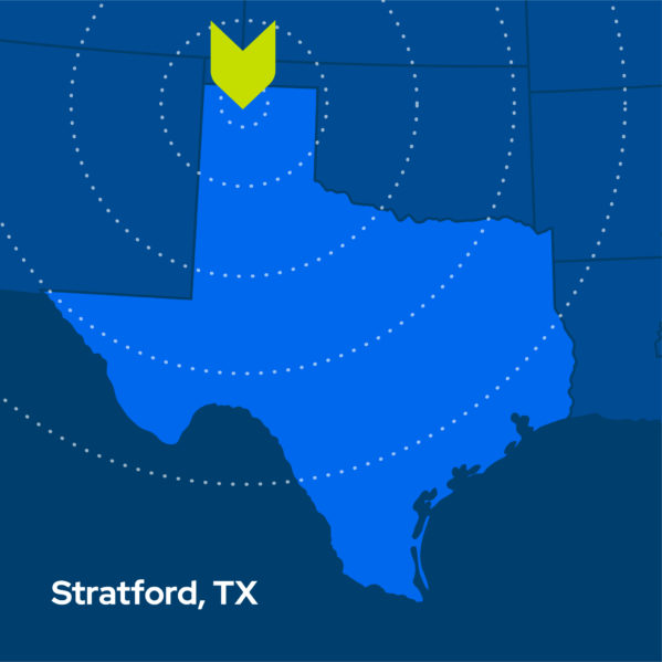 Illustration of the state of Texas with a marker on Stratford, Texas. Concentric rings radiate out from the marker.